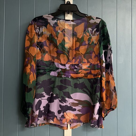 BCBGmaxazria Floral Print SILK Peasant Blouse Women’s Size L Large Chiffon - Picture 10 of 11